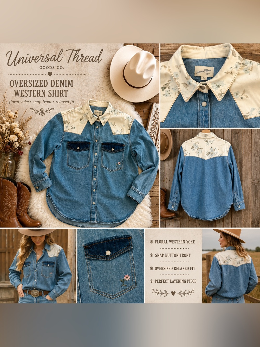 Denim Western Shirt Jacket with Floral Yoke - Light Blue - Picture 2 of 11